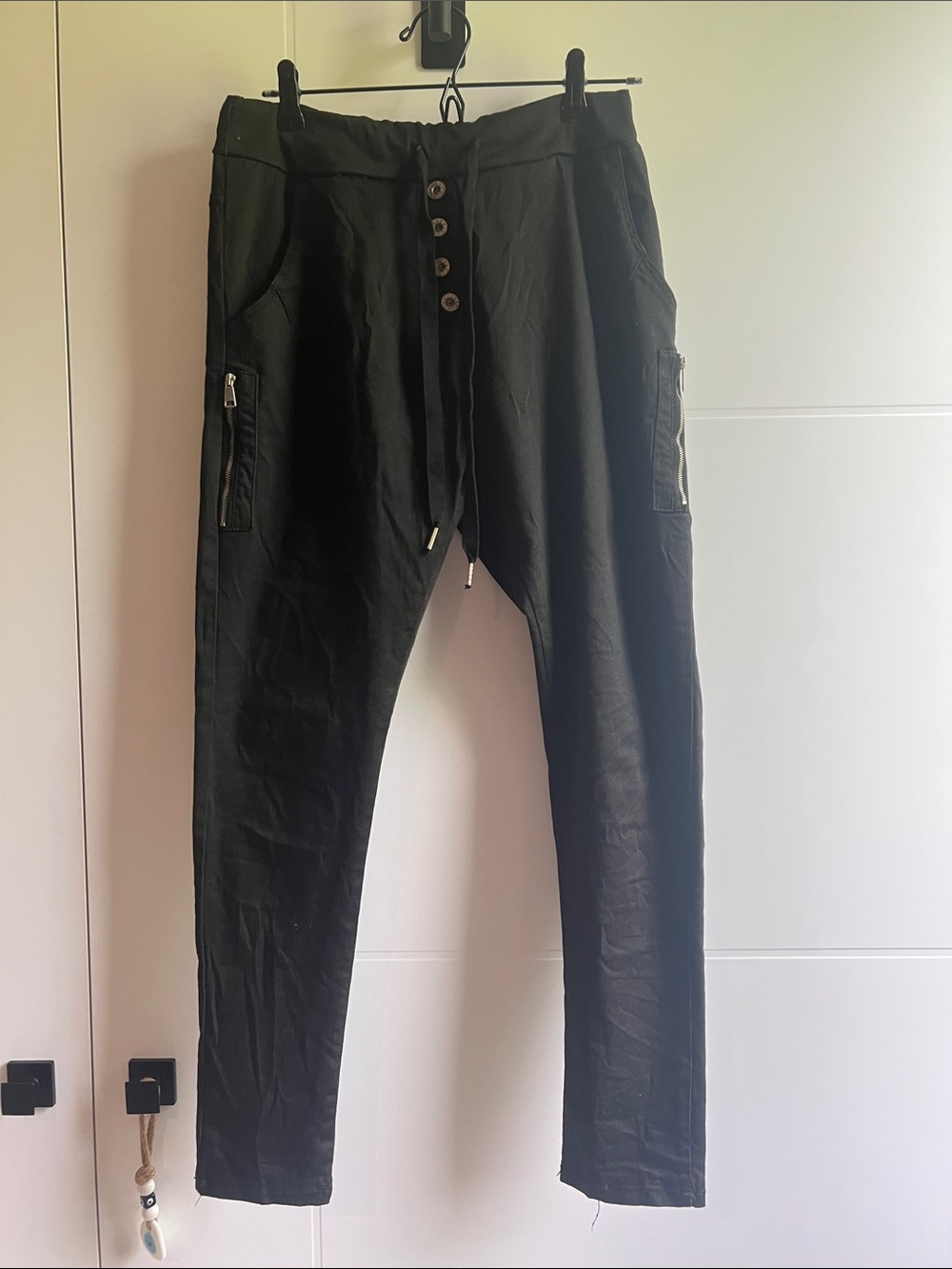 Italian Black Casual Drawstring stretch pull on Pants